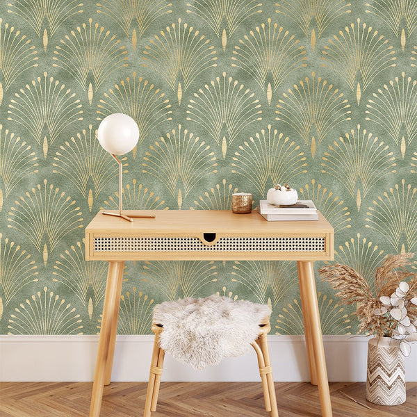 Green Gold Art Deco Wallpaper CC176 - CostaCover - Peel and stick Removable Wallpaper - accent wallpaper - art deco - art deco design