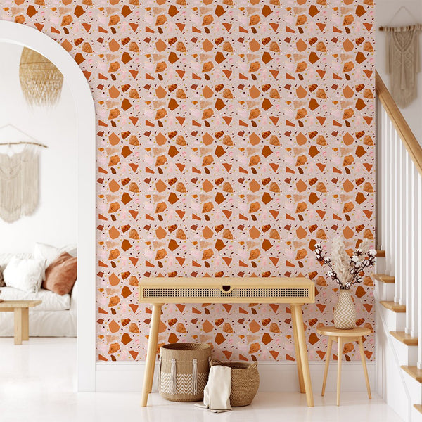 Terracotta & Orange Terrazzo Wallpaper CC267 - CostaCover - Peel and stick Removable Wallpaper - abstract wallpaper - accent wallpaper - adhesive wallpaper