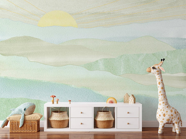 Green Blue Mountains & Sunset Wall Mural CCM116 - CostaCover - Peel and stick Removable Wallpaper - abstract wallpaper - accent wallpaper - adhesive wallpaper