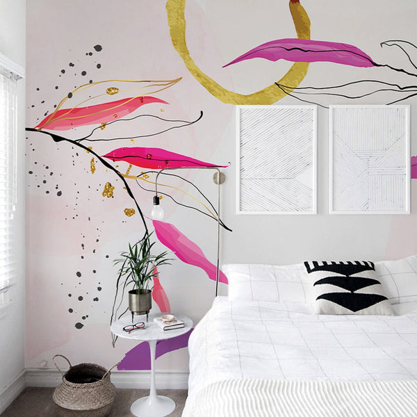 Pink Line Art Branches Wall Mural CCM100 - CostaCover - Peel and stick Removable Wallpaper - abstract lines - abstract wallpaper - accent wallpaper