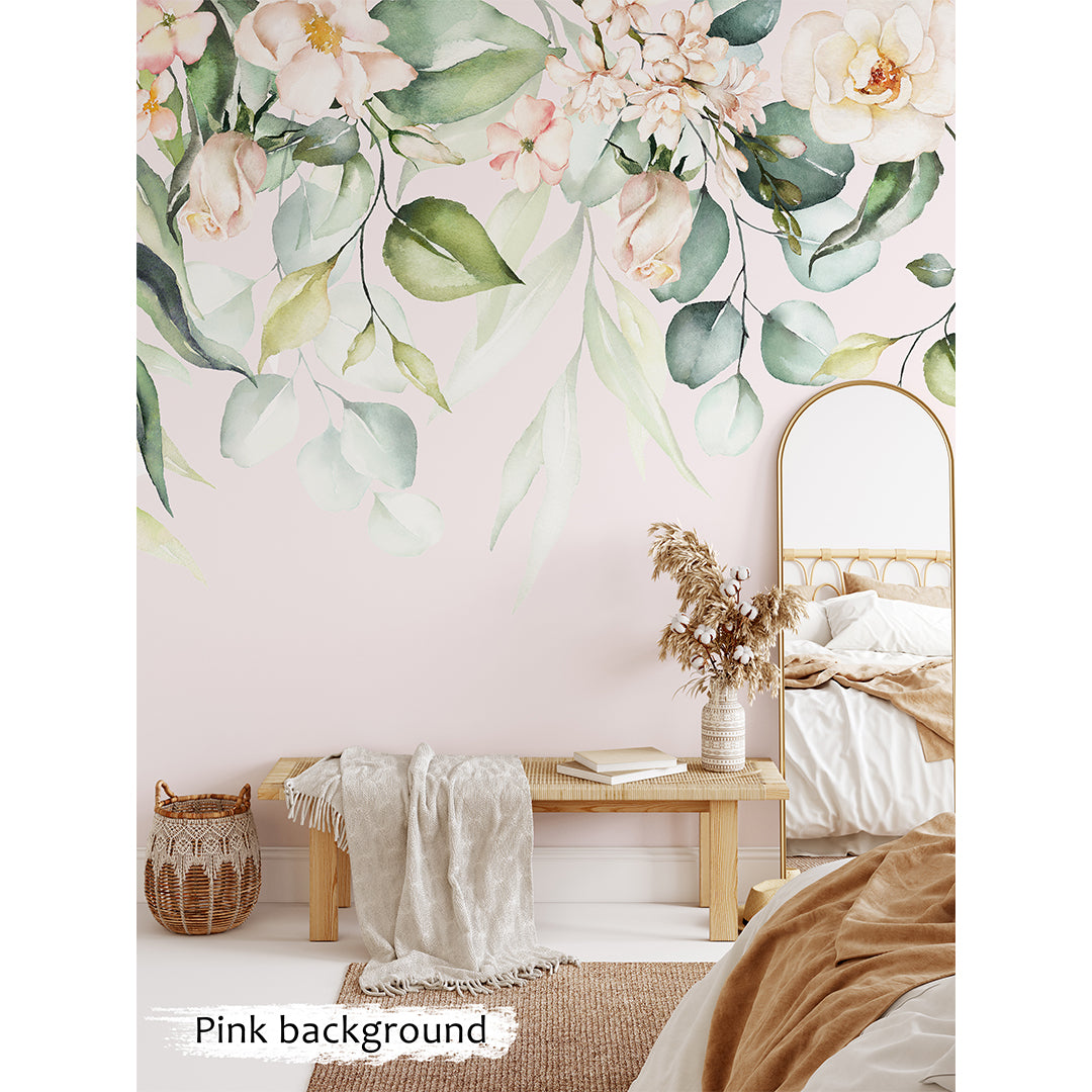 Large Pink Rose and Eucalyptus Self Adhesive Flower Wall Mural CCM102