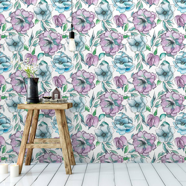 Watercolor Colorful Flowers Wallpaper CC214 - CostaCover - Peel and stick Removable Wallpaper - adhesive wallpaper - bathroom wallpaper - bedroom interior