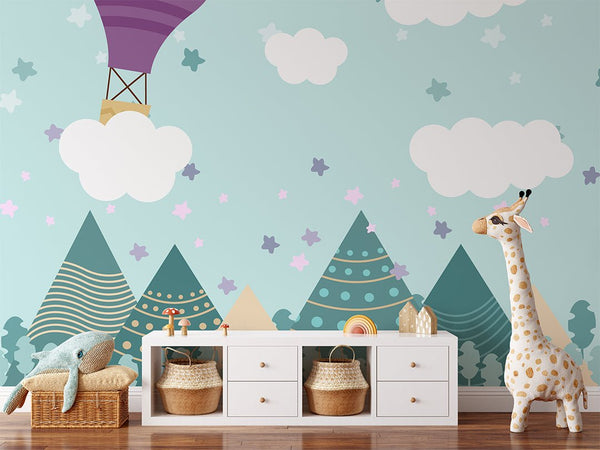 Mountain Peaks & Air Balloon Wall Mural CCM019 - CostaCover - Peel and stick Removable Wallpaper - accent wallpaper - adhesive wallpaper - air balloon