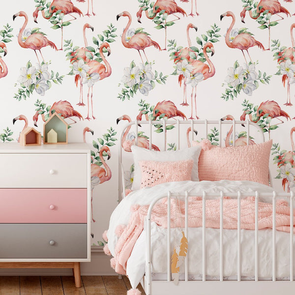 Tropical Flowers & Flamingo Wallpaper CC042 - CostaCover - Peel and stick Removable Wallpaper - accent wallpaper - adhesive wallpaper - bathroom wallpaper