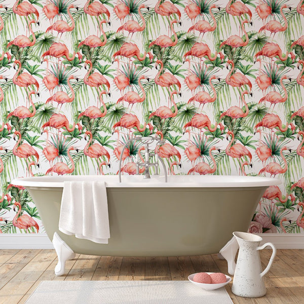 Watercolor Pink Flamingo Wallpaper CC055 - CostaCover - Peel and stick Removable Wallpaper - adhesive wallpaper - bathroom wallpaper - bedroom wallpaper