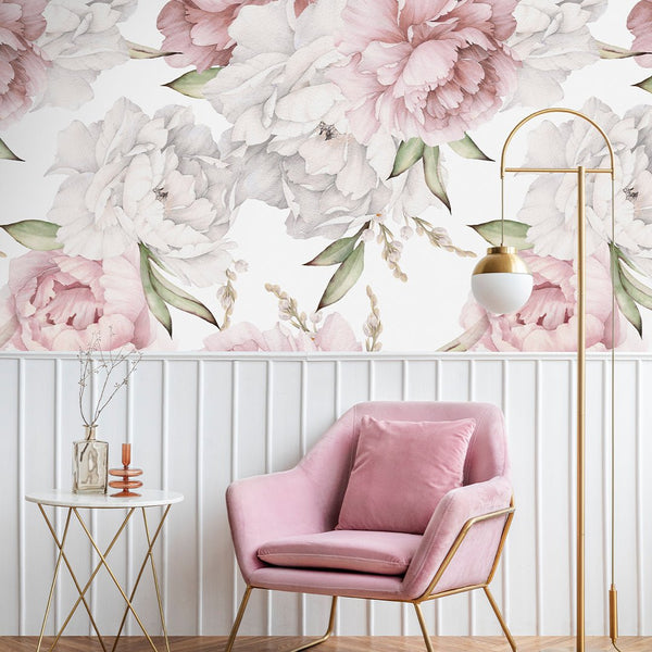 Pastel Pink & White Peony Wall Mural CCM109 - CostaCover - Peel and stick Removable Wallpaper - accent wallpaper - adhesive wallpaper - bathroom wallpaper