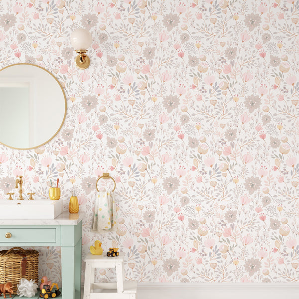 Pastel Pink Flowers Wallpaper CC271 - CostaCover - Peel and stick Removable Wallpaper - accent wallpaper - Best Peel And Stick Removeable Wallpaper - best peel and stick wallpaper