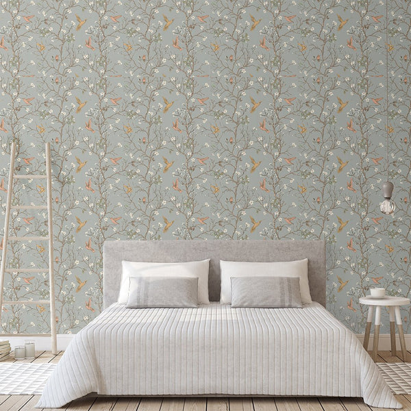 Tree Branch & Hummingbird Wallpaper CC240 - CostaCover - Peel and stick Removable Wallpaper - accent wallpaper - adhesive wallpaper - Animal print wallpaper