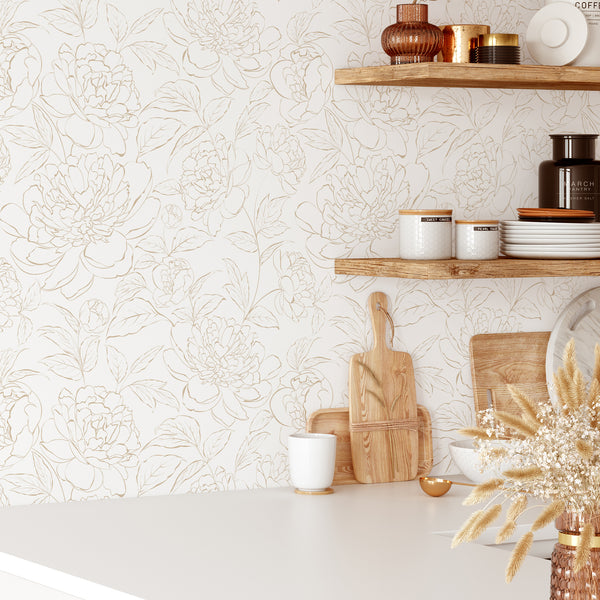 Beige Peony Lines Wallpaper CC275 - CostaCover - Peel and stick Removable Wallpaper - Abstract - abstract wallpaper - accent wallpaper