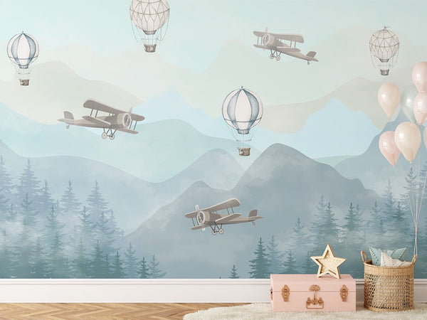 Air Balloons, Airplanes and Mountains Wall Mural CCM088 - CostaCover - Peel and stick Removable Wallpaper - accent wallpaper - adhesive wallpaper - adhesive wallpaper design