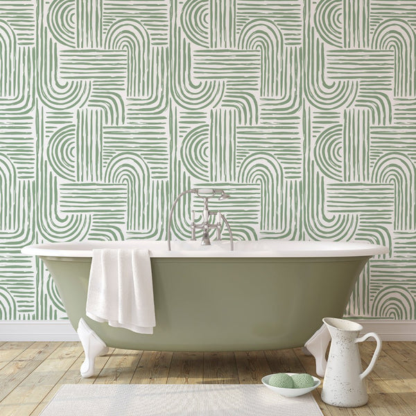 Green Lines Boho Wallpaper CC278 - CostaCover - Peel and stick Removable Wallpaper - abstract lines - accent wallpaper - bathroom wallpaper