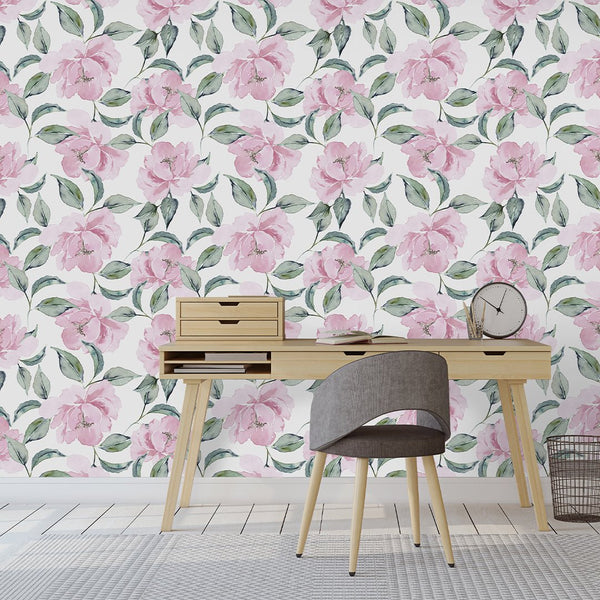 Watercolor Pink Peonies Wallpaper CC236 - CostaCover - Peel and stick Removable Wallpaper - accent wallpaper - adhesive wallpaper - bedroom interior