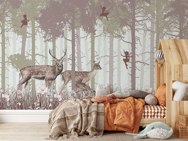 Fairy Forest with Animals Wall Mural CCM018 - CostaCover - Peel and stick Removable Wallpaper - accent wallpaper - baby bedroom - bedroom interior