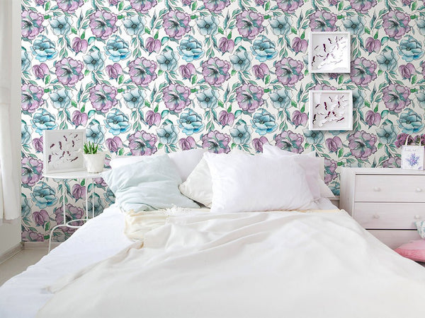 Watercolor Colorful Flowers Wallpaper CC214 - CostaCover - Peel and stick Removable Wallpaper - adhesive wallpaper - bathroom wallpaper - bedroom interior