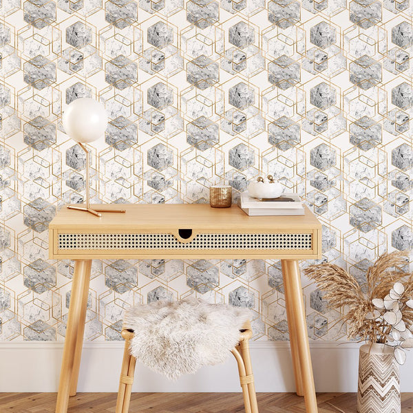 Marble & Gold Honeycomb Wallpaper CC241 - CostaCover - Peel and stick Removable Wallpaper - 