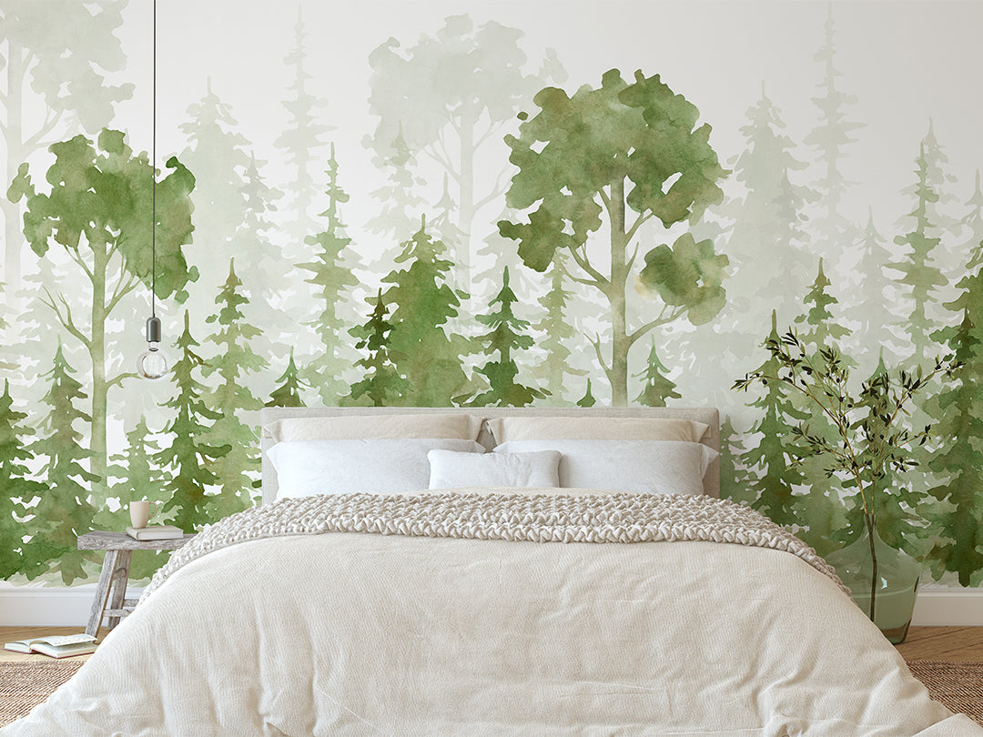 Watercolor Pine Tree Forest Self Adhesive Wall Mural CCM079