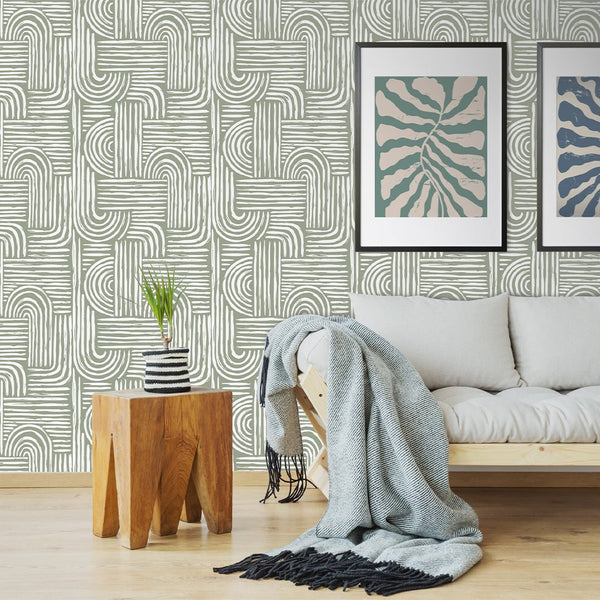 Green Olive Boho Lines Wallpaper CC276 - CostaCover - Peel and stick Removable Wallpaper - Abstract - abstract wallpaper - accent wallpaper