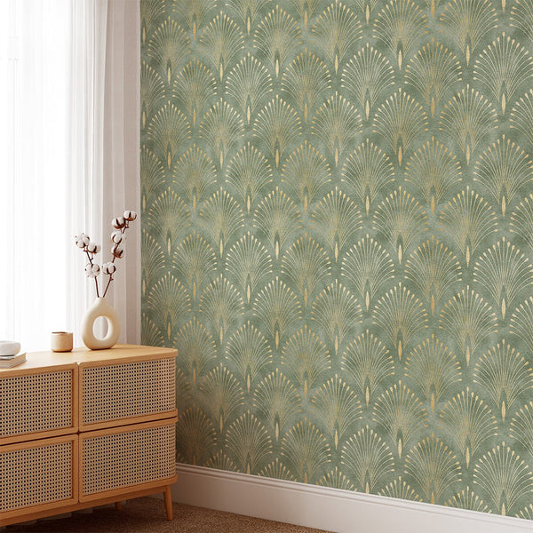 Green Gold Art Deco Wallpaper CC176 - CostaCover - Peel and stick Removable Wallpaper - accent wallpaper - art deco - art deco design