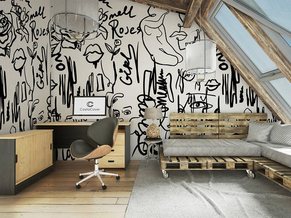 Black & White Abstract Female Wall Mural CCM061 - CostaCover - Peel and stick Removable Wallpaper - Abstract - abstract lines - abstract wall art