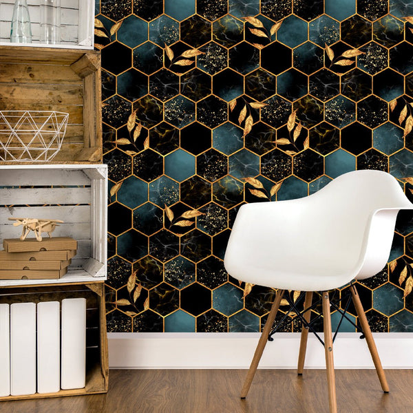 Black Gold Honeycomb Wallpaper CC043 - CostaCover - Peel and stick Removable Wallpaper - abstract wallpaper - accent wallpaper - adhesive wallpaper
