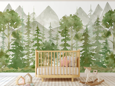 Watercolor Green Woodland Forest Self Adhesive Mural CCM106