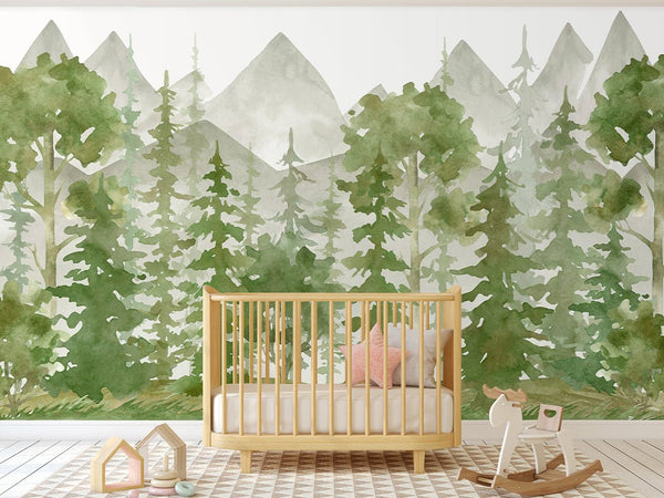 Watercolor Green Forest Wall Mural CCM106 - CostaCover - Peel and stick Removable Wallpaper - accent wallpaper - adhesive wallpaper - bathroom wallpaper