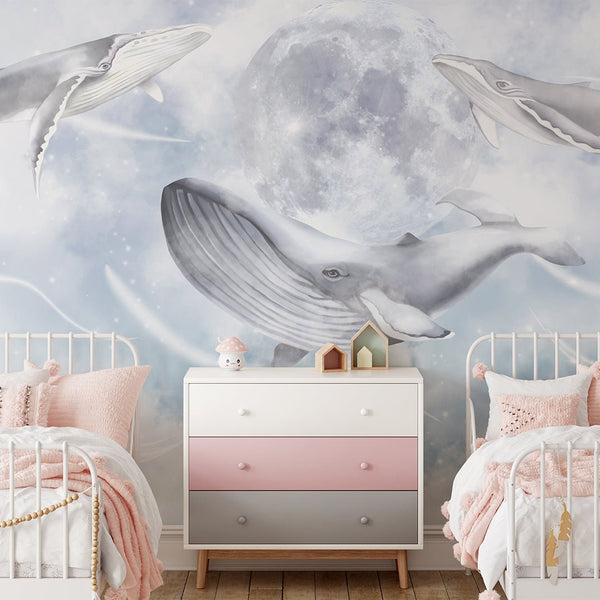 Space Whales & Moon Wall Mural CCM093 - CostaCover - Peel and stick Removable Wallpaper - accent wallpaper - adhesive wallpaper - boywall