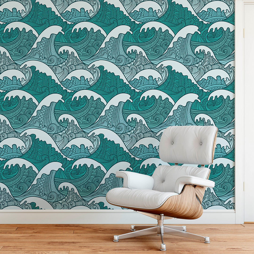 Self Adhesive Japanese Blue Green Waves Removable Wallpaper CC096
