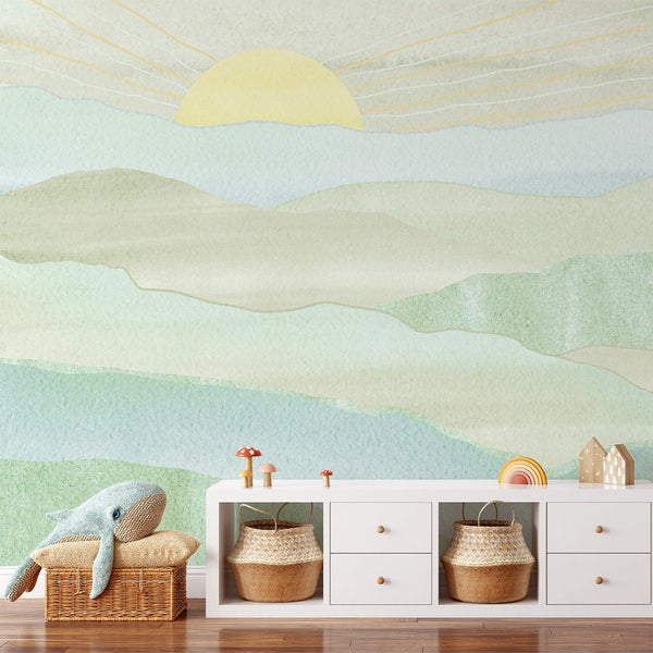 Green Blue Mountains & Sunset Wall Mural CCM116 - CostaCover - Peel and stick Removable Wallpaper - abstract wallpaper - accent wallpaper - adhesive wallpaper