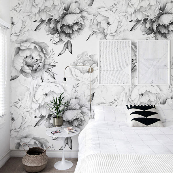 Black & White Watercolor Peonies Wall Mural CCM051 - CostaCover - Peel and stick Removable Wallpaper - 3d wall murals - accent wallpaper - Art Deco Removable Wallpaper near me