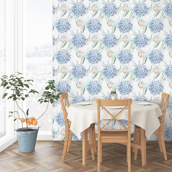 Watercolor Blue Hydrangea Wallpaper CC238 - CostaCover - Peel and stick Removable Wallpaper - accent wallpaper - Aqua blue wallpaper - blue and white