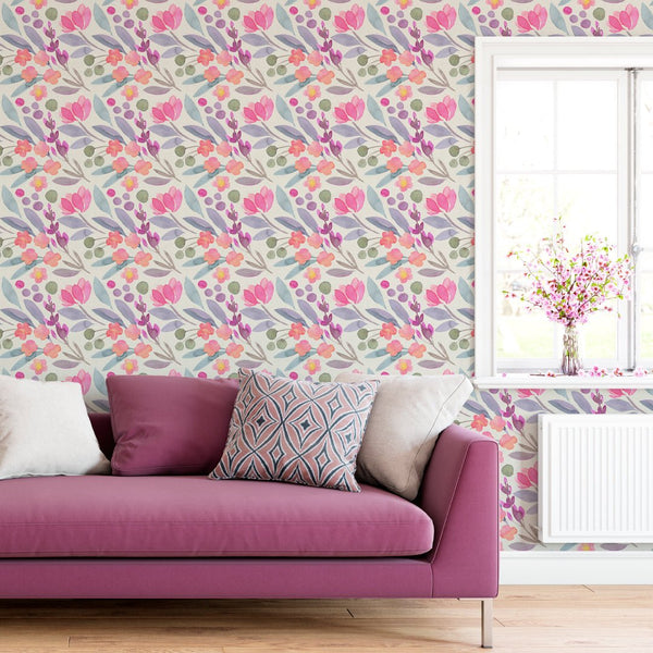 Pink Purple Flowers Wallpaper CC226 - CostaCover - Peel and stick Removable Wallpaper - accent wallpaper - adhesive wallpaper - bathroom wallpaper