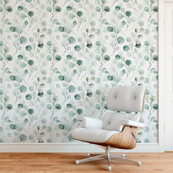 Watercolor Eucalyptus Leaves Wallpaper CC216 - CostaCover - Peel and stick Removable Wallpaper - adhesive wallpaper - Backsplash panels - bathroom wallpaper