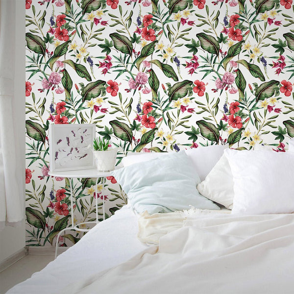 Hibiscus Roses & Greenery Wallpaper CC002 - CostaCover - Peel and stick Removable Wallpaper - bathroom wallpaper - bedroom interior - Exotic palm leaves