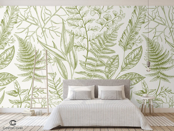 Light Green Fern Wall Mural CCM082 - CostaCover - Peel and stick Removable Wallpaper - accent wallpaper - adhesive wallpaper - bathroom wallpaper