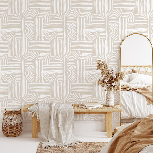 Beige Boho Arches Wallpaper CC274 - CostaCover - Peel and stick Removable Wallpaper - Abstract Beige Gold Stripes Waves Removable Wallpaper - Abstract Beige Gold Stripes Waves Removable Wallpaper near me - Abstract Beige Gold Stripes Waves Removable Wallpaper price