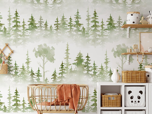 A soothing watercolor forest design with a layered stenciling effect, showcasing mid to light green palettes on an off-white ground. This eco-friendly wallpaper is easy to apply and reposition, making it suitable for entryways or home offices with a nature-inspired theme.