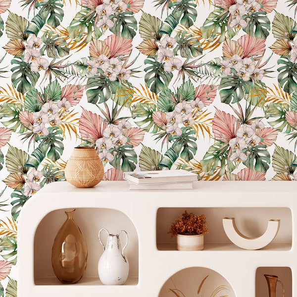 Tropical Pink Orchids Wallpaper CC054 - CostaCover - Peel and stick Removable Wallpaper - accent wallpaper - adhesive wallpaper - bathroom wallpaper