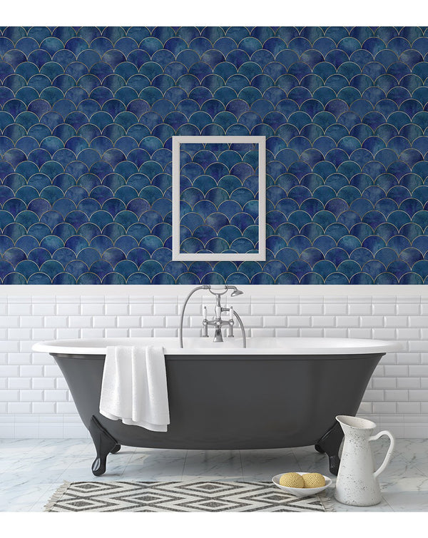 Watercolor Blue Scallops Wallpaper CC190 - CostaCover - Peel and stick Removable Wallpaper - adhesive wallpaper - art deco - art deco style
