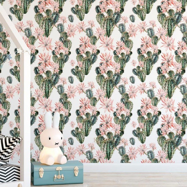 Watercolor Blooming Cactus Wallpaper CC052 - CostaCover - Peel and stick Removable Wallpaper - baby wall decor - bathroom wallpaper - bedroom interior