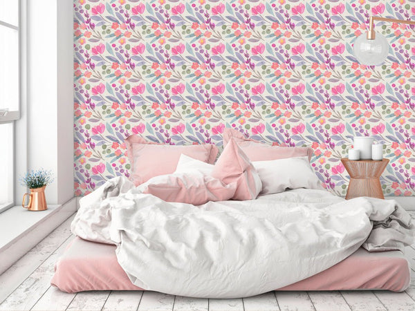 Pink Purple Flowers Wallpaper CC226 - CostaCover - Peel and stick Removable Wallpaper - accent wallpaper - adhesive wallpaper - bathroom wallpaper