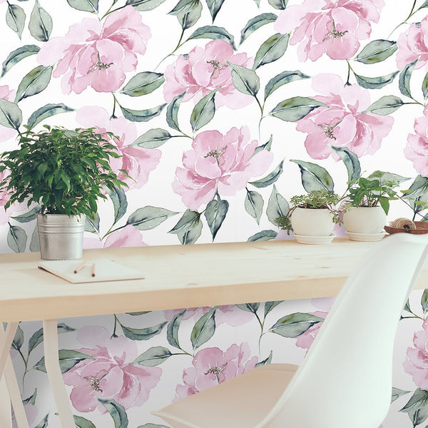 Watercolor Pink Peonies Wallpaper CC236 - CostaCover - Peel and stick Removable Wallpaper - accent wallpaper - adhesive wallpaper - bedroom interior