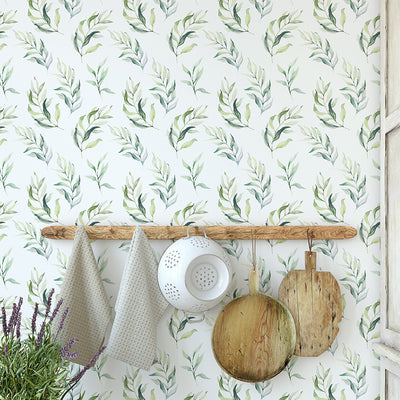 Green Boho Style Botanical Eucalyptus Leaves Wallpaper CC049