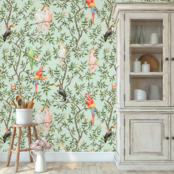 Parrots on Tropical Tree Wallpaper CC035 - CostaCover - Peel and stick Removable Wallpaper - accent wallpaper - adhesive wallpaper - bathroom wallpaper