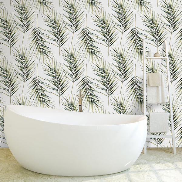 Tropical Palm Leaves Wallpaper CC030 - CostaCover - Peel and stick Removable Wallpaper - bathroom wallpaper - bedroom interior - Exotic palm leaves