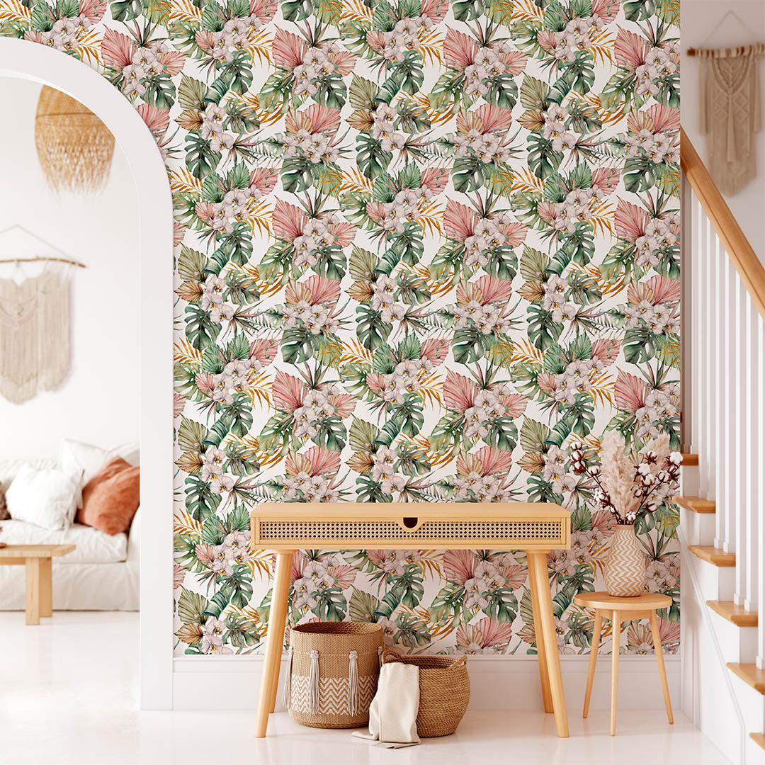 Boho Style Tropical with White Orchids Pink Leaves Self Adhesive Wallpaper CC054