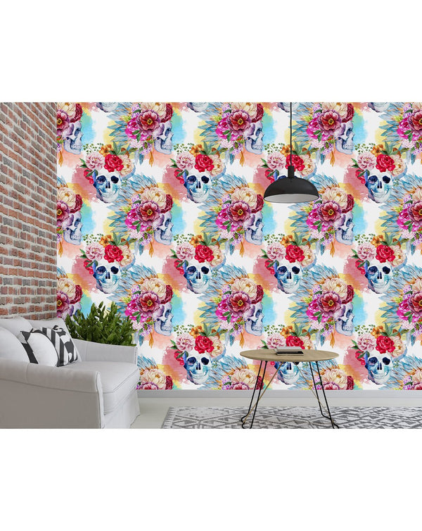 Floral skulls in cool bluish-greys with magenta and yellow blooms, ideal for temporary wall decor in a boutique. The hand-painted texture and pastel washes create a rhythmic repeat.