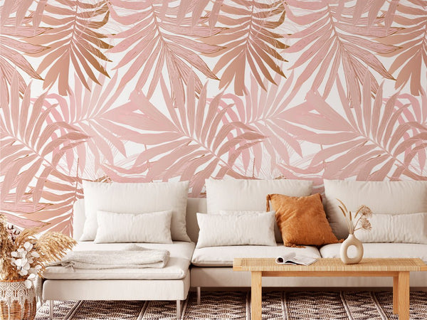 Pink Tropical Leaves Wall Mural CCM119 - CostaCover - Peel and stick Removable Wallpaper - accent wallpaper - adhesive wallpaper - bathroom wallpaper