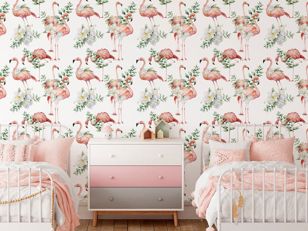 Tropical Flowers & Flamingo Wallpaper CC042 - CostaCover - Peel and stick Removable Wallpaper - accent wallpaper - adhesive wallpaper - bathroom wallpaper