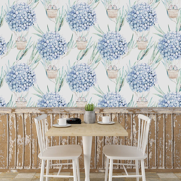 Watercolor Blue Hydrangea Wallpaper CC238 - CostaCover - Peel and stick Removable Wallpaper - accent wallpaper - Aqua blue wallpaper - blue and white